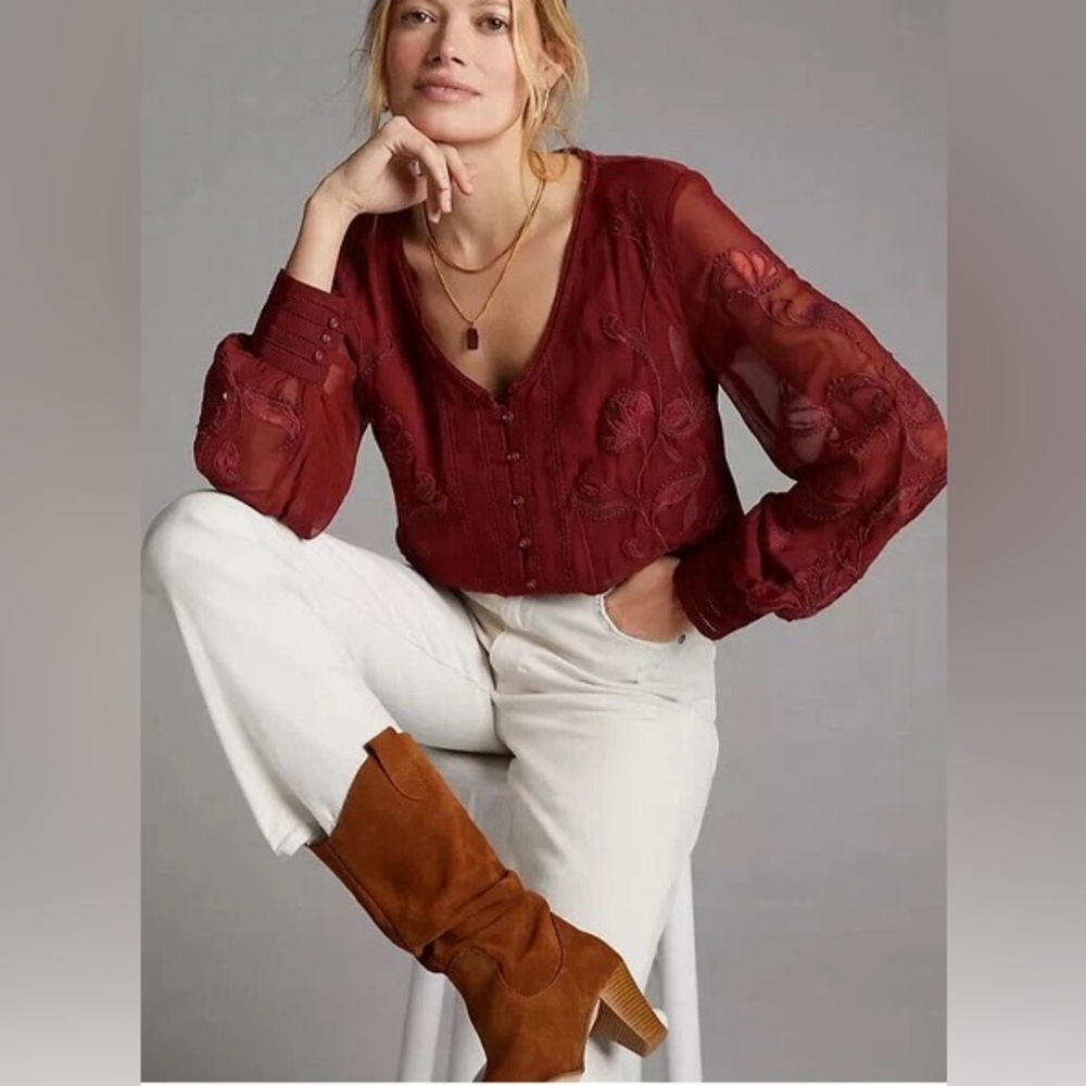 Anthropologie Burgundy Embroidered Sheer Long-Sleeve Blouse - Picture 3 of 7
